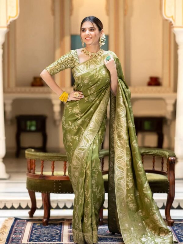 C J Enterprise Women's Pure Kanjivaram Silk Saree Banarasi Style Kanchipuram Sarees With Blouse Piece for Wedding (Almari) (Mehendi Green)