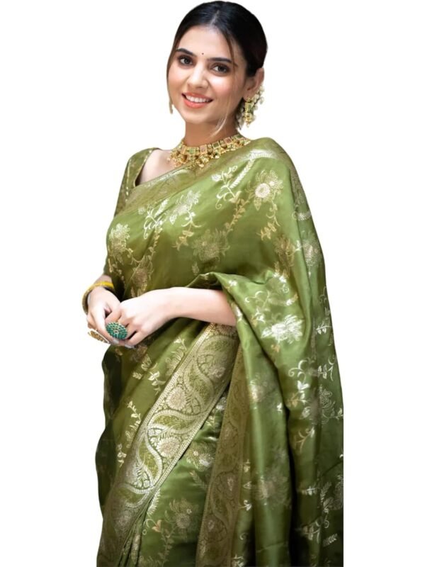 C J Enterprise Women's Pure Kanjivaram Silk Saree Banarasi Style Kanchipuram Sarees With Blouse Piece for Wedding (Almari) (Mehendi Green)