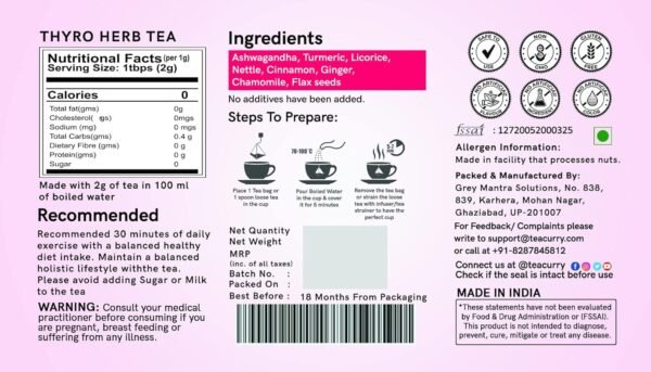 TEACURRY Thyroid Tea Bags (30 Tea Bags, 1 Month Pack) - Helps With Thyroid Support (TSH, T3, T4) and Helps Manage Weight