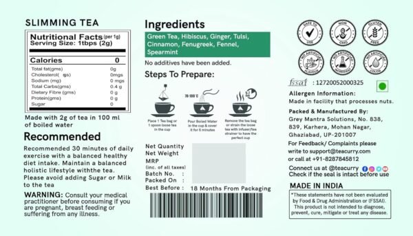 TEACURRY 28 Day Slimming Tea For Weight Loss With Free Diet Chart|100 Gms Loose Tea|Slimming Tea Helps Lose Weight,Reduce Tummy,Prevent Ageing|Weight Loss Green Tea,100 grams
