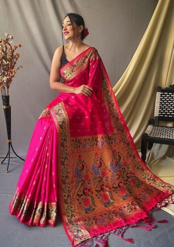 Jaanvi fashion Women's Banarasi Paithani Silk With Zari Jacquard Work Saree With Blouse Piece