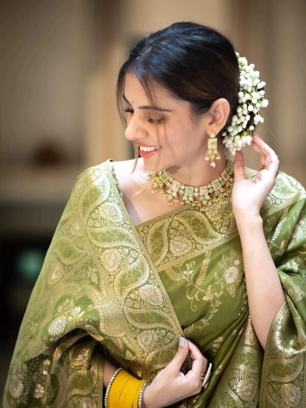 C J Enterprise Women's Pure Kanjivaram Silk Saree Banarasi Style Kanchipuram Sarees With Blouse Piece for Wedding (Almari) (Mehendi Green)