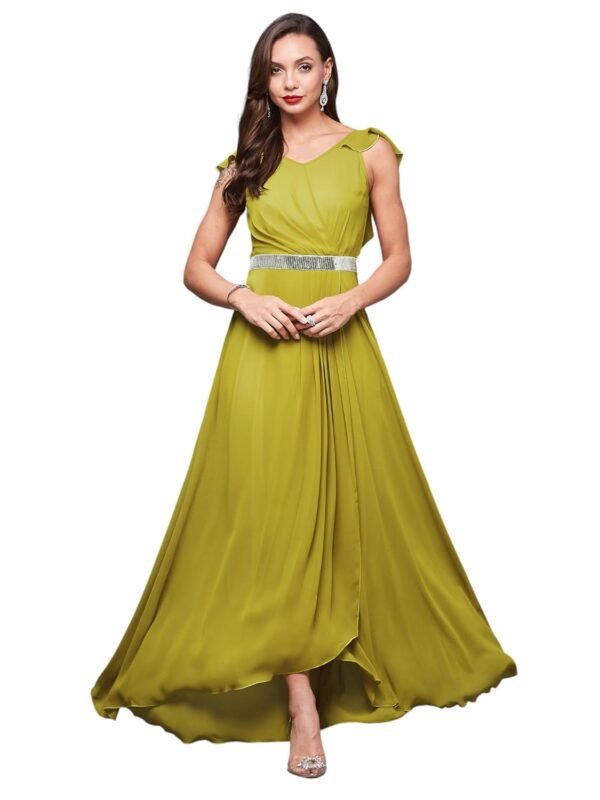 Miss Chase Women's Powder Blue V-Neck Ruffled Sleeve Solid Embellished Maxi Dress