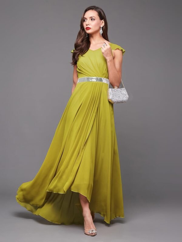 Miss Chase Women's Powder Blue V-Neck Ruffled Sleeve Solid Embellished Maxi Dress
