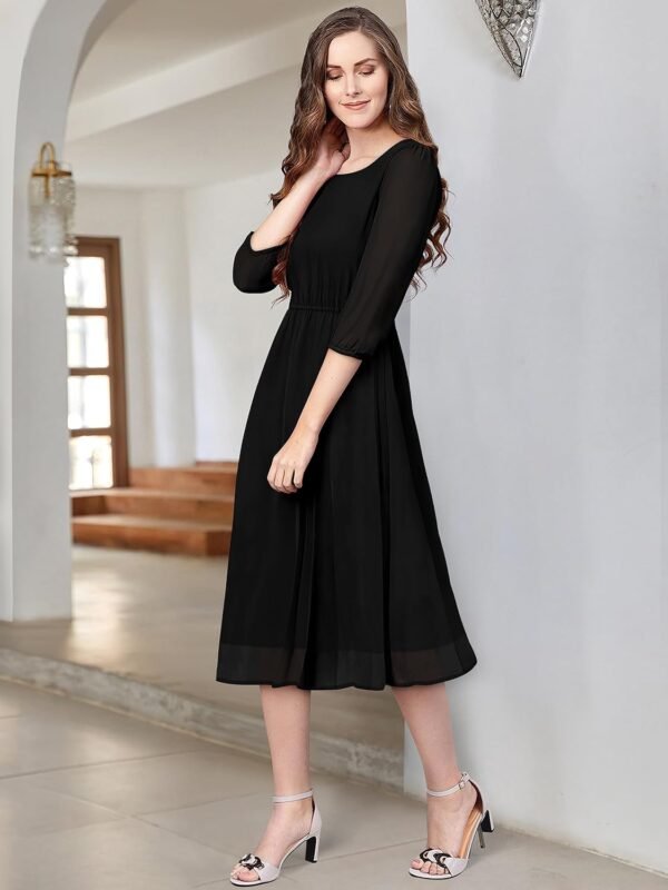 KERI PERRY Women's Black Georgette Solid Fit & Flared Western Dress | Dress for Women | A line Dress | Summer Dress|Western Dress | Latest Women Dress | Trendy Dress for Dress | Midi Dress