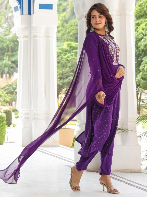 GoSriKi Women's Cotton Blend Straight Embroidered Kurta with Pant & Dupatta
