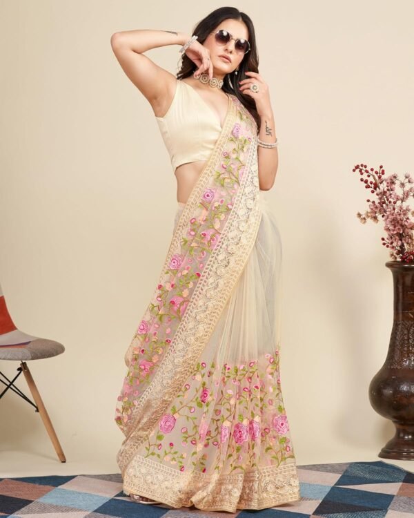 VAIRAGEE Women's Soft Net Lastest Embroidery Work Floral Pattern Stylish Saree With Unstitched Blouse Piece (6079)