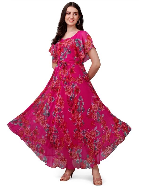 Fashion2wear Women's Georgette Floral Digital Print Short Sleeve Full-Length Fit & Flare Long Gown Dress for Girls (LN-X9TQ-MN1D)