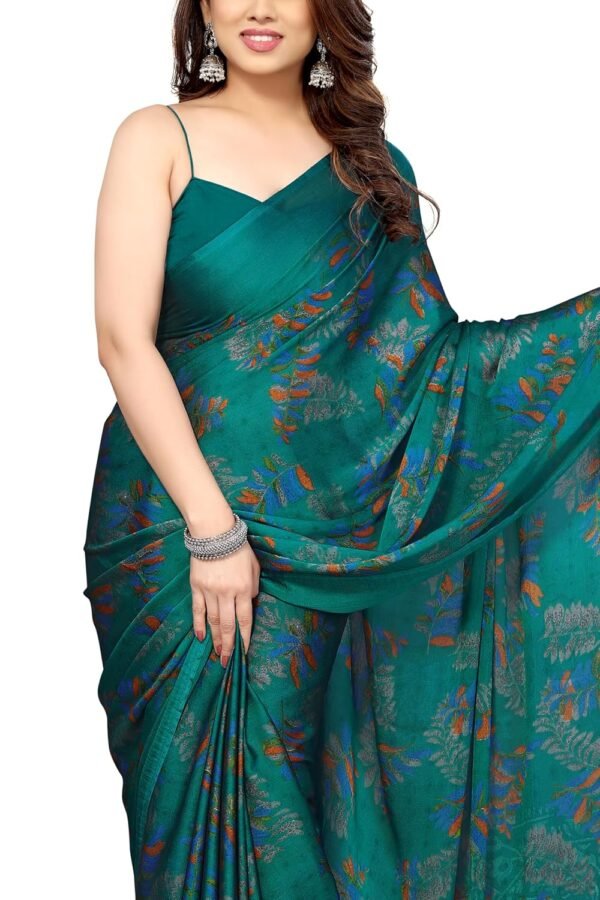 MIRCHI FASHION Women's Stylish Chiffon Leaf Printed Saree with Blouse Piece
