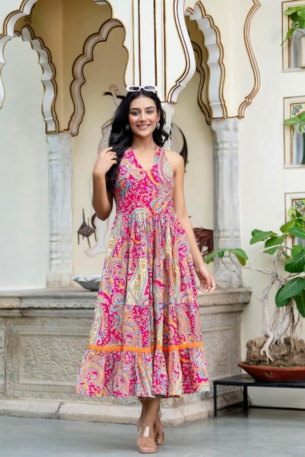 Shrivani Ethnic Motifs Printed Maxi Fit & Flare Tiered Pure Cotton Ethnic Dress | One Piece Dress | Beach Dress for Women, (Multicolor)