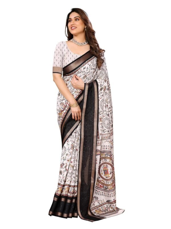 StyleScope Women's Printed Dola Silk Sequence Boarder Warli Art Saree With Unstitched Blouse Piece (Warli Sequence)