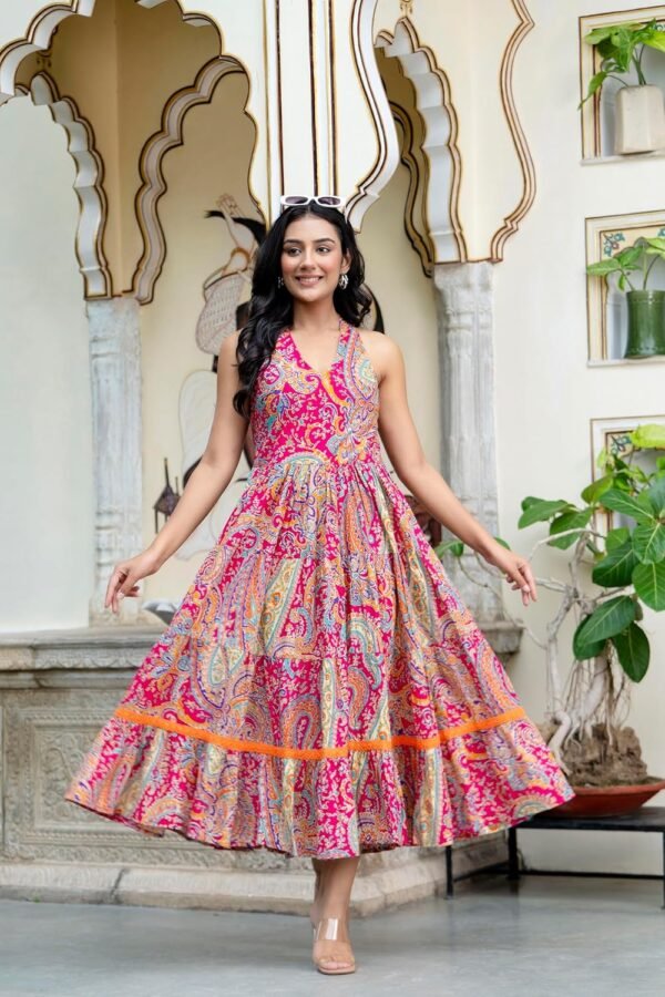Shrivani Ethnic Motifs Printed Maxi Fit & Flare Tiered Pure Cotton Ethnic Dress | One Piece Dress | Beach Dress for Women, (Multicolor)