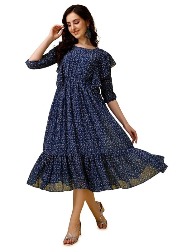Fashion2wear Women's Georgette Small Flower Digital Print Short Sleeve Knee-Length Fit & Flare Long Gown Dress for Girls (E6-6HCD-UXV5)