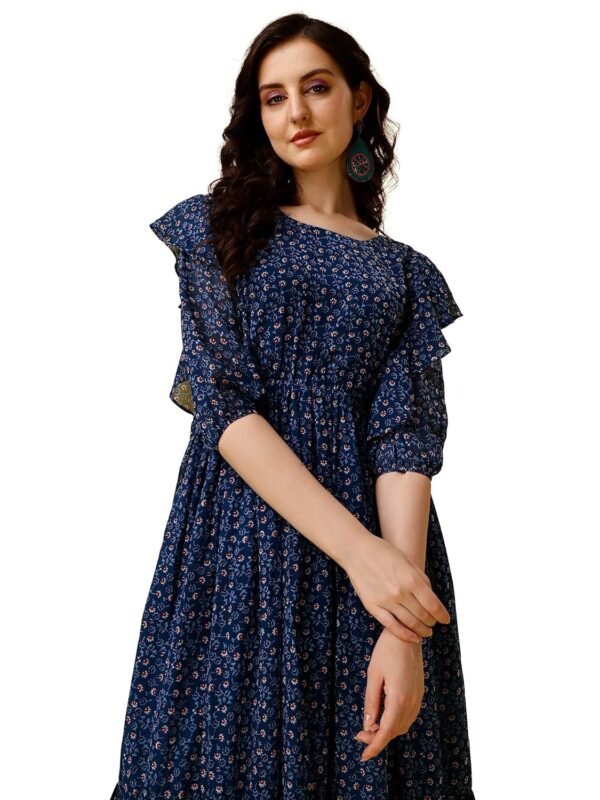 Fashion2wear Women's Georgette Small Flower Digital Print Short Sleeve Knee-Length Fit & Flare Long Gown Dress for Girls (E6-6HCD-UXV5)