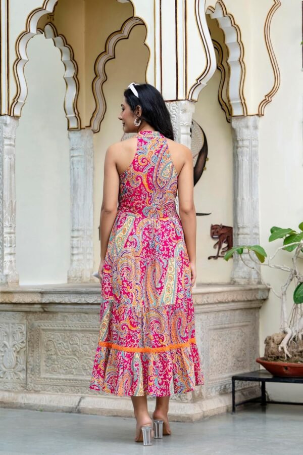 Shrivani Ethnic Motifs Printed Maxi Fit & Flare Tiered Pure Cotton Ethnic Dress | One Piece Dress | Beach Dress for Women, (Multicolor)