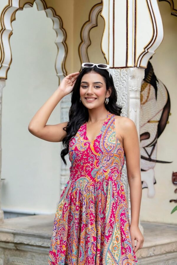 Shrivani Ethnic Motifs Printed Maxi Fit & Flare Tiered Pure Cotton Ethnic Dress | One Piece Dress | Beach Dress for Women, (Multicolor)