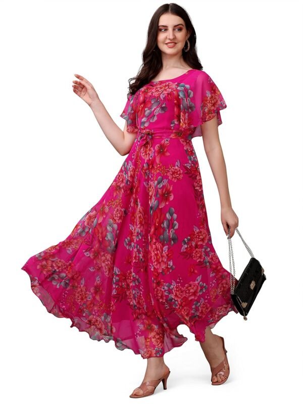Fashion2wear Women's Georgette Floral Digital Print Short Sleeve Full-Length Fit & Flare Long Gown Dress for Girls (LN-X9TQ-MN1D)