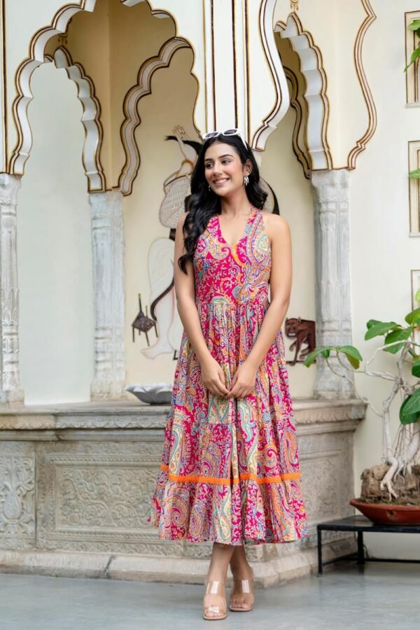 Shrivani Ethnic Motifs Printed Maxi Fit & Flare Tiered Pure Cotton Ethnic Dress | One Piece Dress | Beach Dress for Women, (Multicolor)