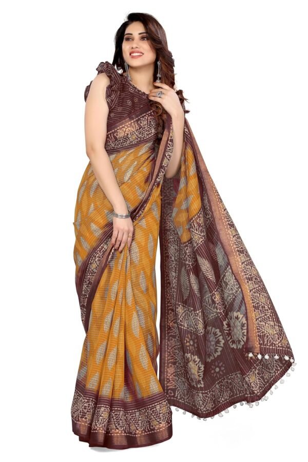 MIRCHI FASHION Women's Fancy Cotton Blend Stripes and Batik Leaf Style Printed Saree with Blouse Piece
