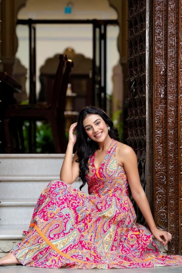 Shrivani Ethnic Motifs Printed Maxi Fit & Flare Tiered Pure Cotton Ethnic Dress | One Piece Dress | Beach Dress for Women, (Multicolor)
