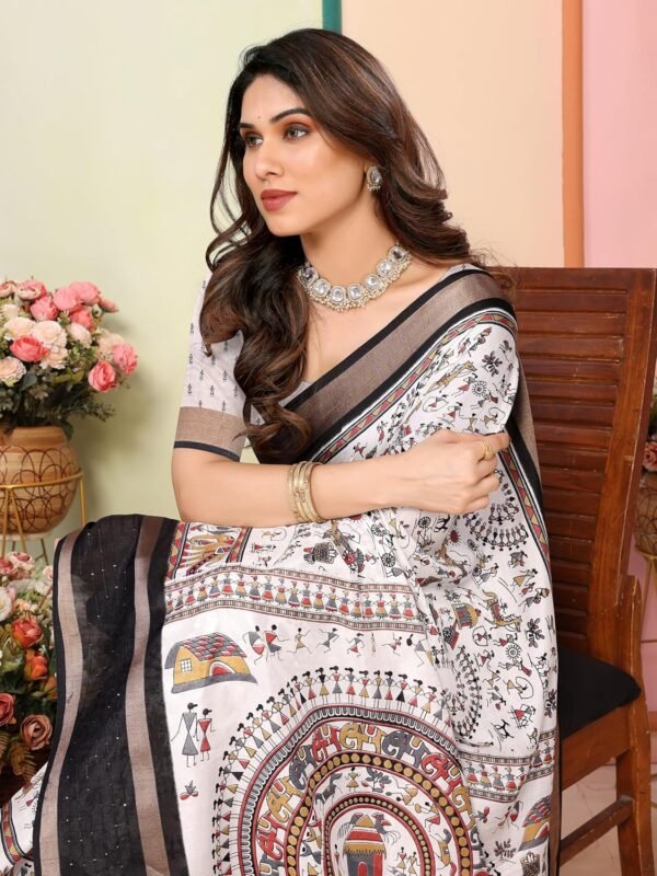 StyleScope Women's Printed Dola Silk Sequence Boarder Warli Art Saree With Unstitched Blouse Piece (Warli Sequence)