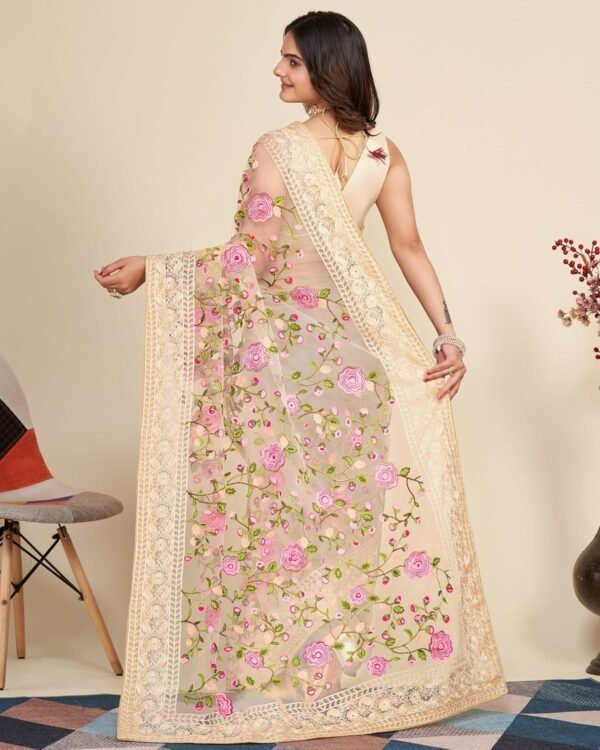 VAIRAGEE Women's Soft Net Lastest Embroidery Work Floral Pattern Stylish Saree With Unstitched Blouse Piece (6079)
