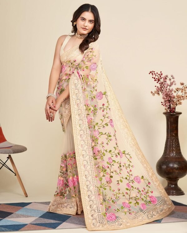 VAIRAGEE Women's Soft Net Lastest Embroidery Work Floral Pattern Stylish Saree With Unstitched Blouse Piece (6079)