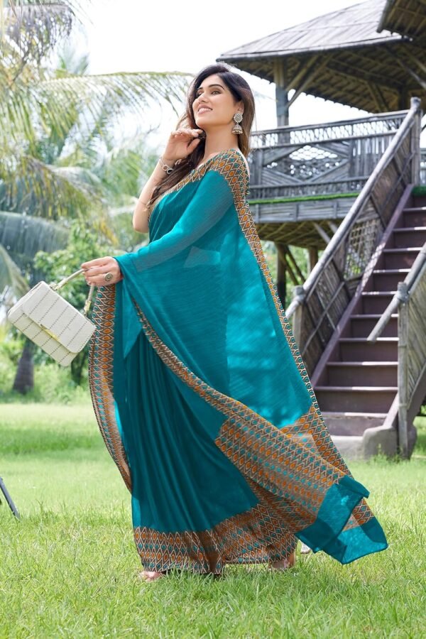 MIRCHI FASHION Women's Stylish Chiffon Contrast Border-Pallu Printed Saree with Blouse Piece
