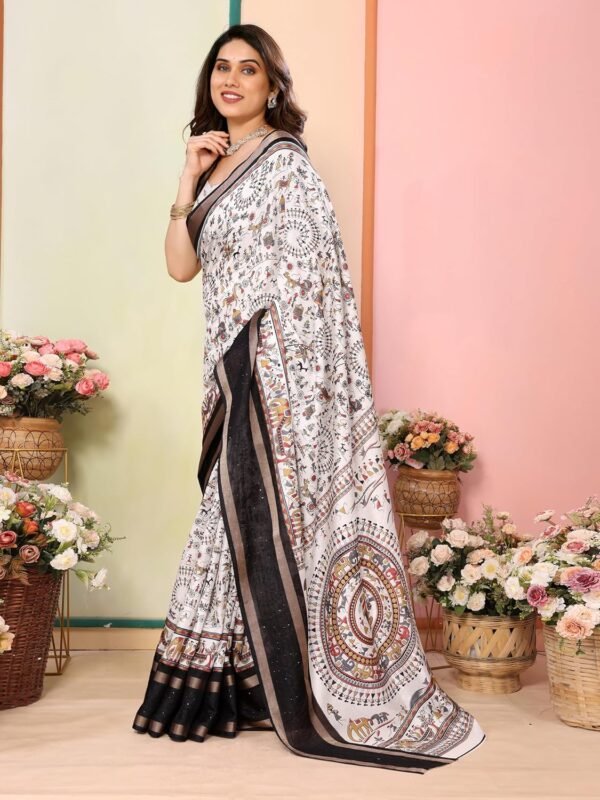 StyleScope Women's Printed Dola Silk Sequence Boarder Warli Art Saree With Unstitched Blouse Piece (Warli Sequence)