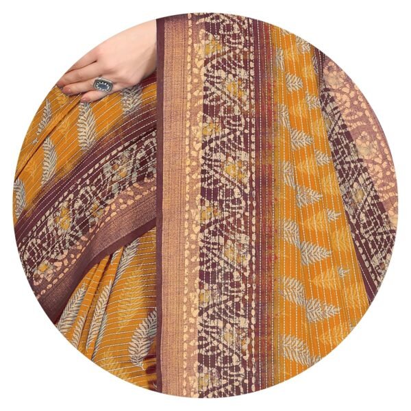 MIRCHI FASHION Women's Fancy Cotton Blend Stripes and Batik Leaf Style Printed Saree with Blouse Piece