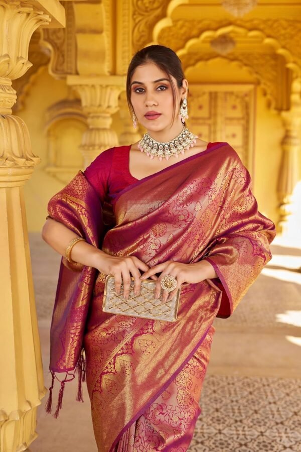 SWORNOF Womens Kanjivaram Silk Saree with Zari Woven Saree With Blouse Piece